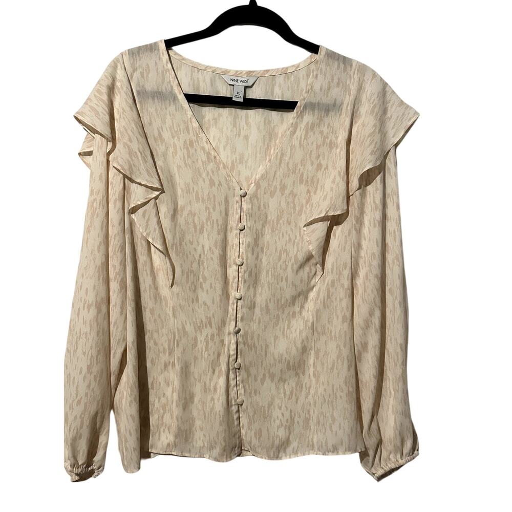 Nine West Pink Ivory Blouse Women's XL Long Sleeve Ruffle V Neck Button Up